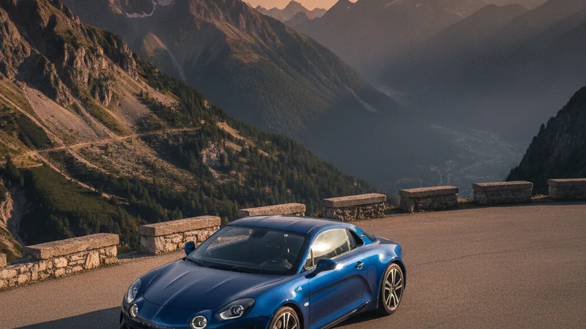 Alpine A110 bleu Alpine de profil sur route de montagne sinueuse