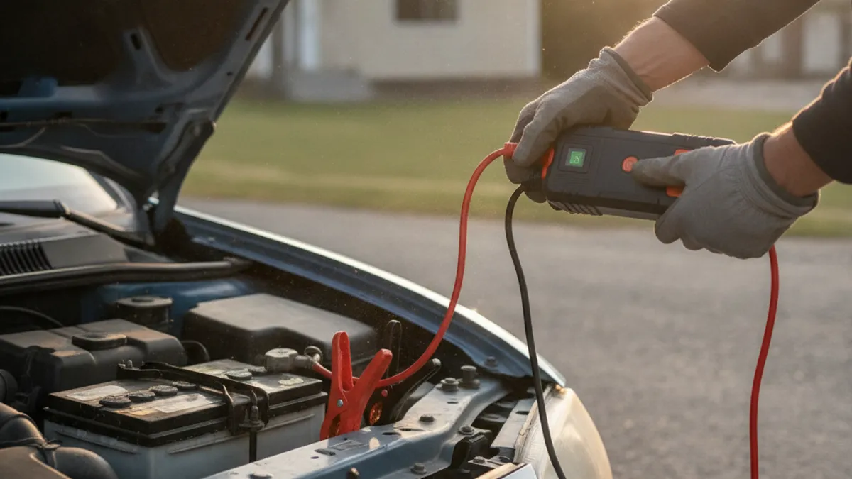 Démarrage de secours d'une voiture avec un booster de batterie lithium portable