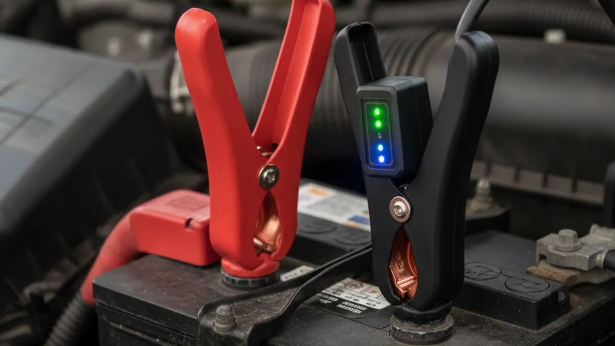 Booster de batterie lithium et ses pinces crocodile posés sur une batterie de voiture