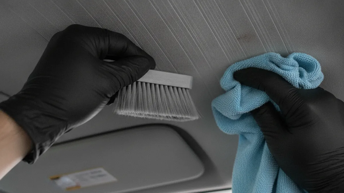 Technique de brossage doux et microfibre sur le ciel de toit d'une voiture