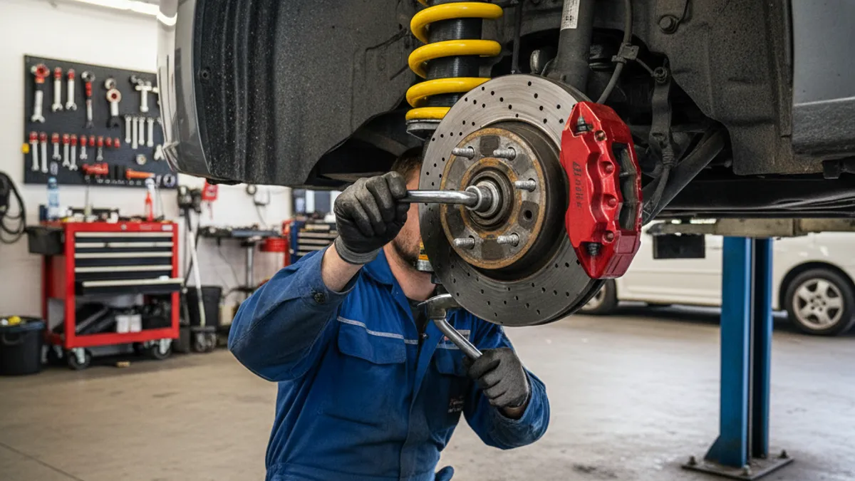 Réglage hauteur coilovers suspension sur voiture de sport en atelier