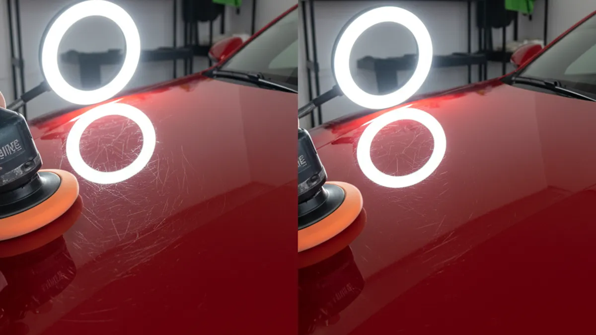 Correction de peinture automobile avec polisseuse orbitale en atelier detailing