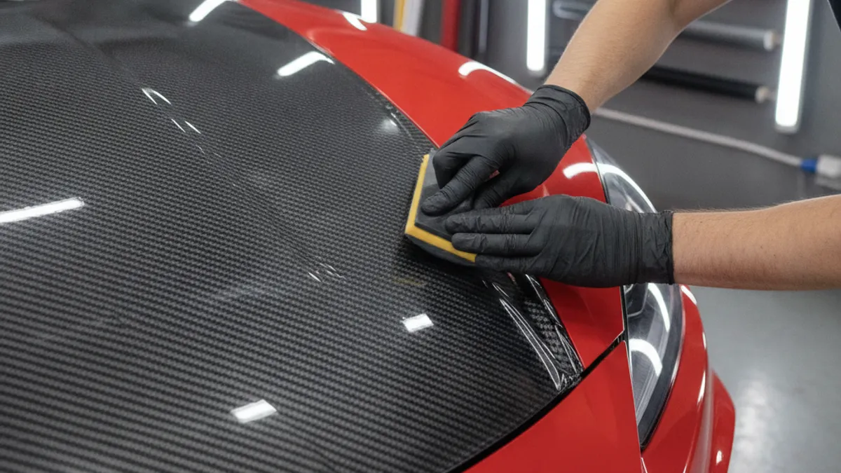Capot et toit de voiture sportive habillés en covering carbone noir brillant