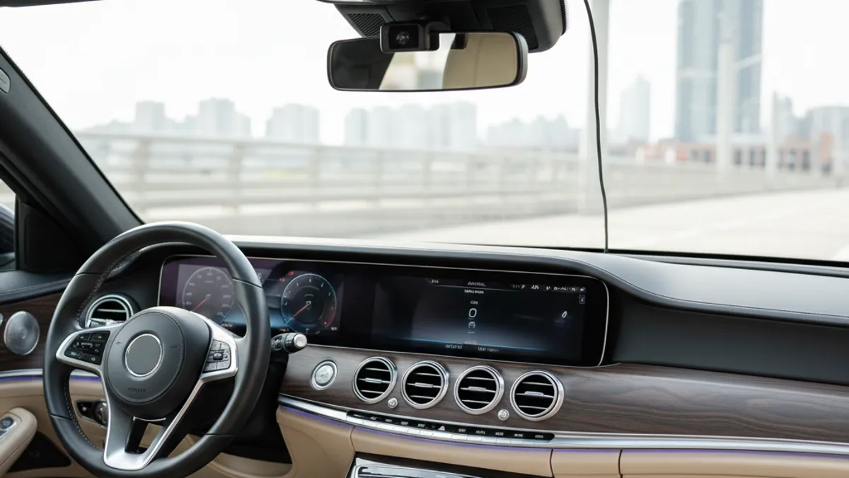 Dashcam discrète installée derrière le rétroviseur d'une voiture de luxe