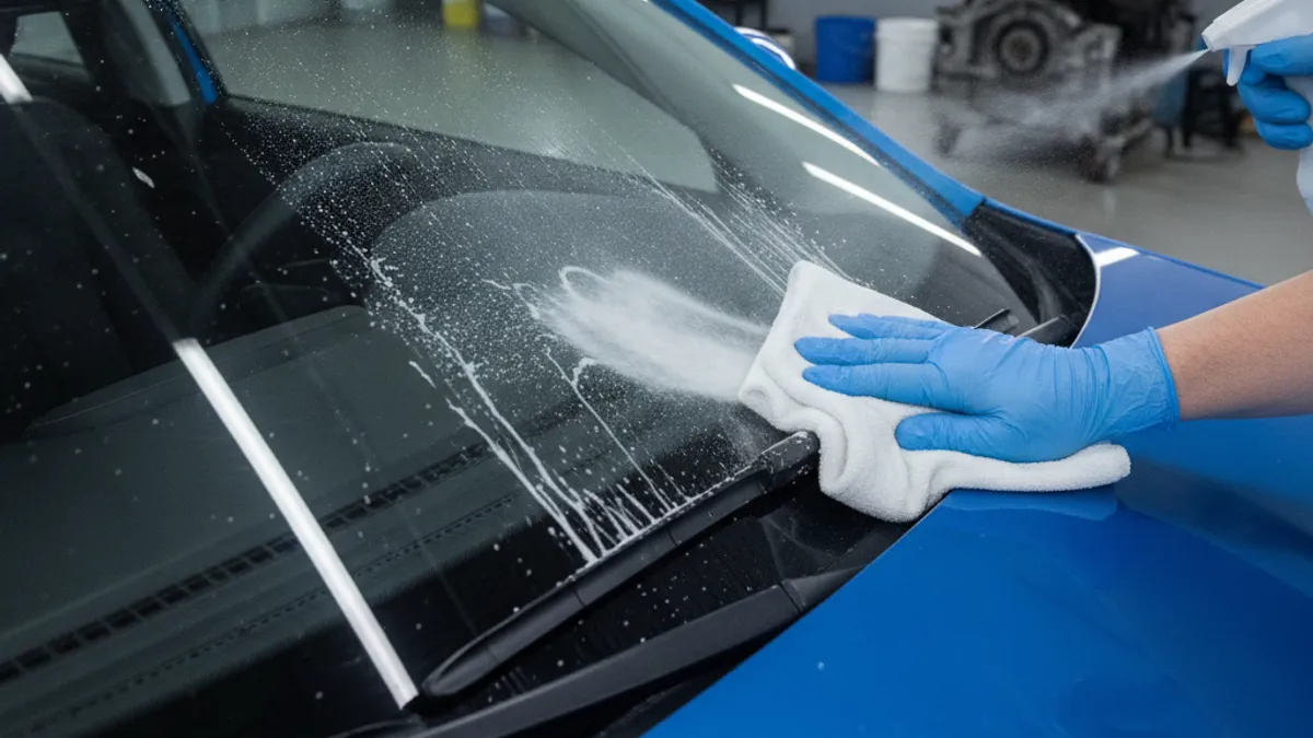 Application d'un détartrant anticalcaire au pulvérisateur sur la vitre d'une voiture