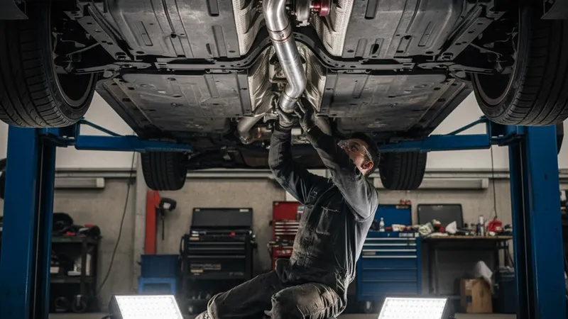 Installation downpipe sport sous voiture en atelier professionnel