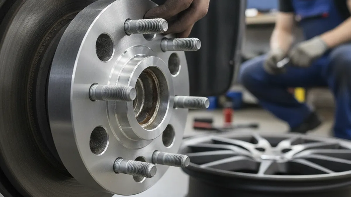 Élargisseurs de voies voiture en aluminium installés sur moyeu de roue sportive