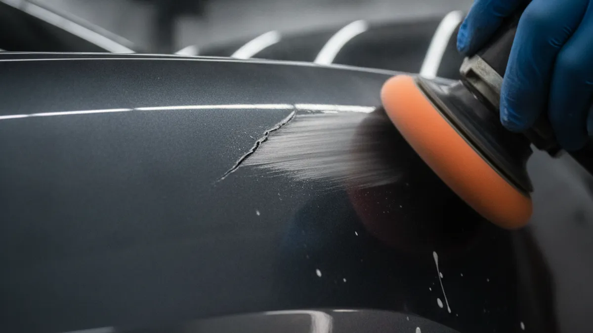 Réparation d'une rayure profonde sur carrosserie de voiture en atelier detailing