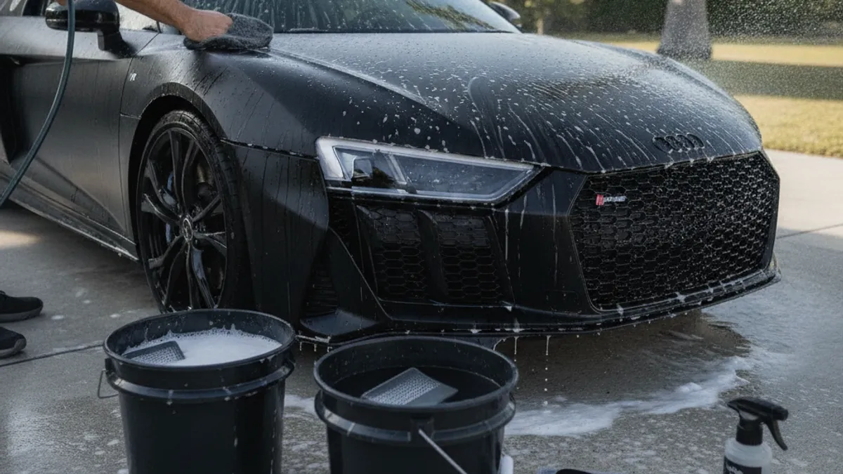 Voiture de sport à la finition peinture mate noire entretenue avec produit spécial mat