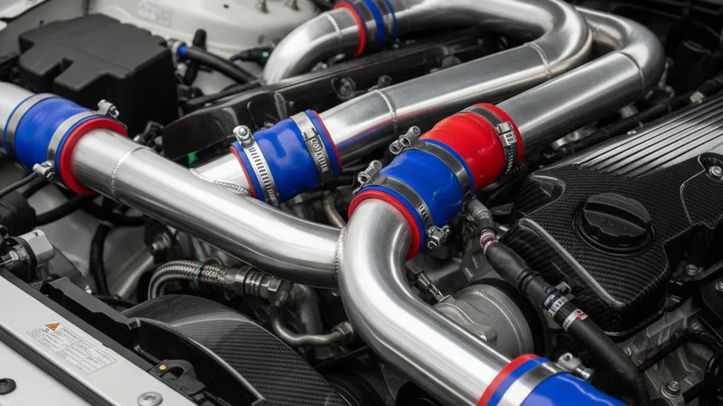 Installation piping aluminium intercooler upgrade turbo dans baie moteur