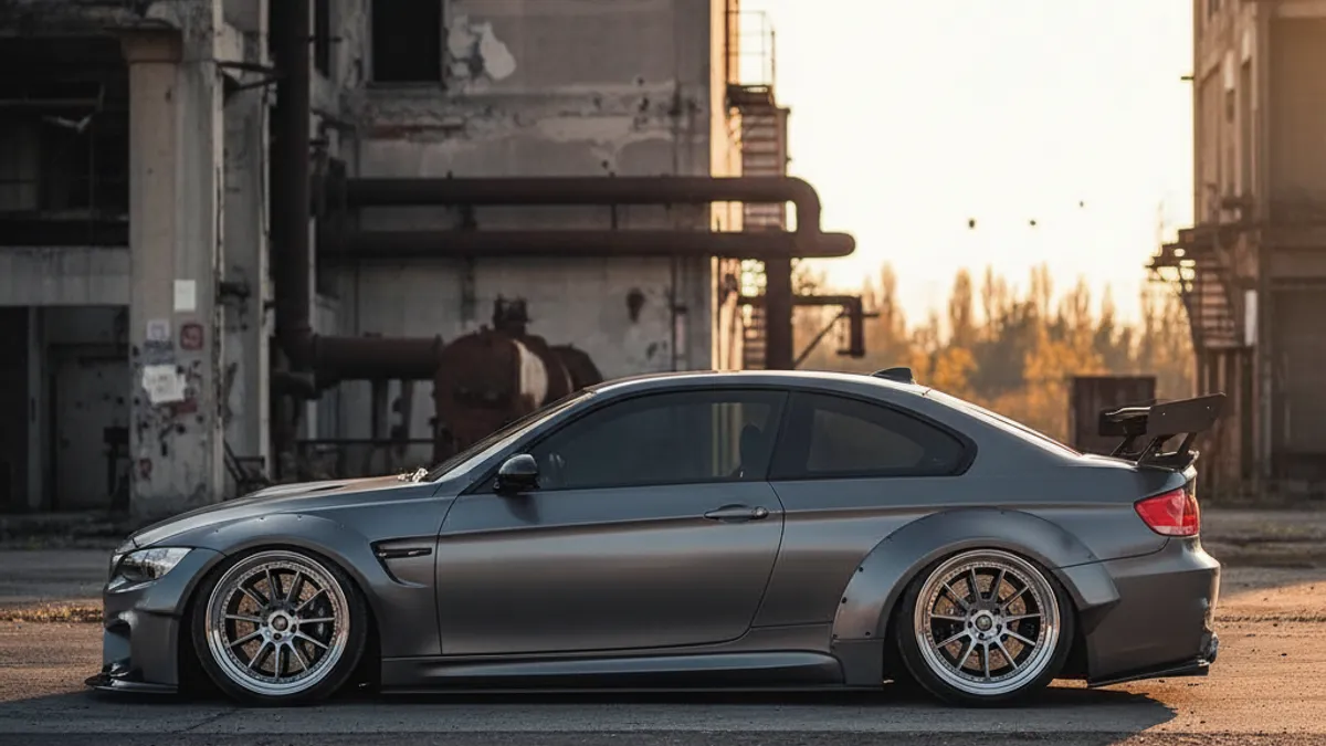 BMW M3 avec kit carrosserie large homologué installé sur circuit