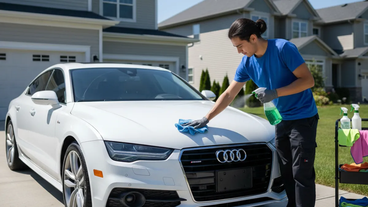 Lavage sans eau d'une voiture avec spray et microfibre professionnelle
