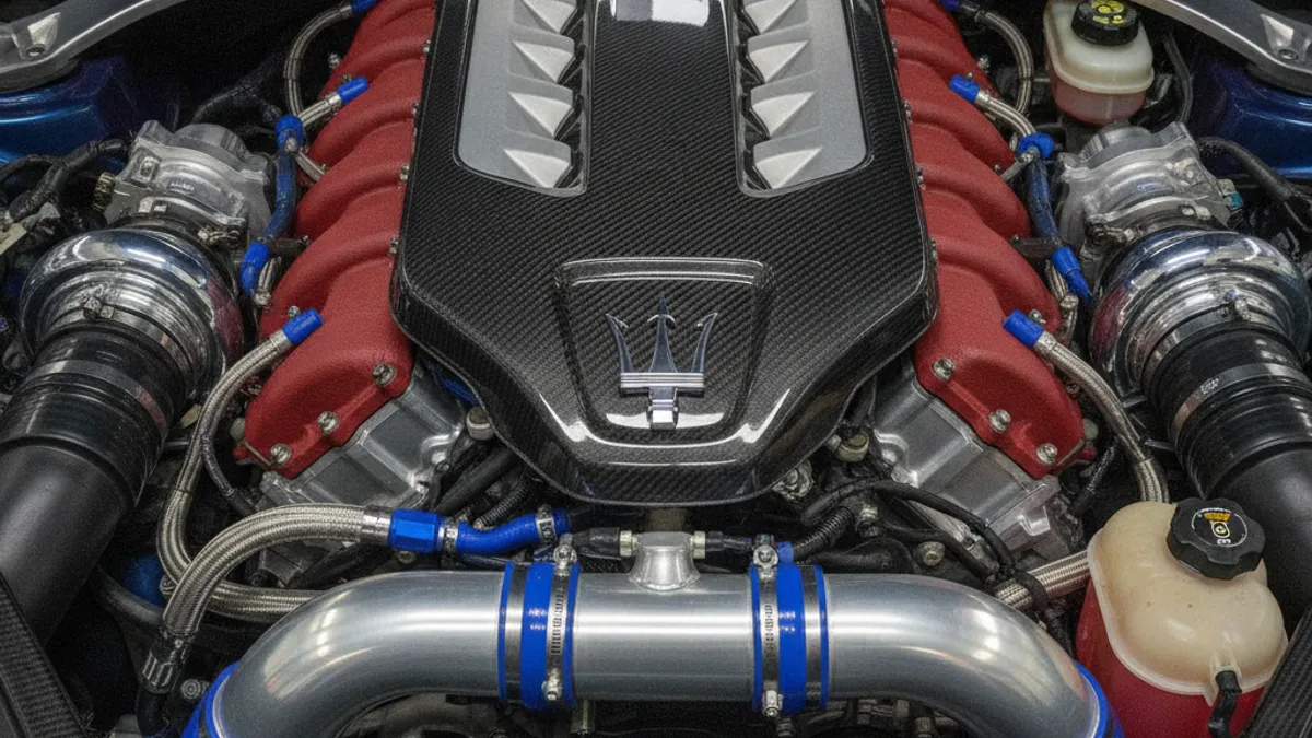Moteur V6 3.0 biturbo Nettuno d'une Maserati dans son compartiment, cache moteur estampillé Maserati