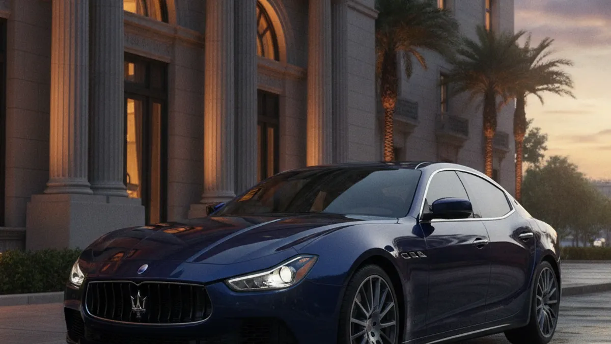 Maserati Ghibli grise de profil garée devant un bâtiment moderne, vue trois quarts avant