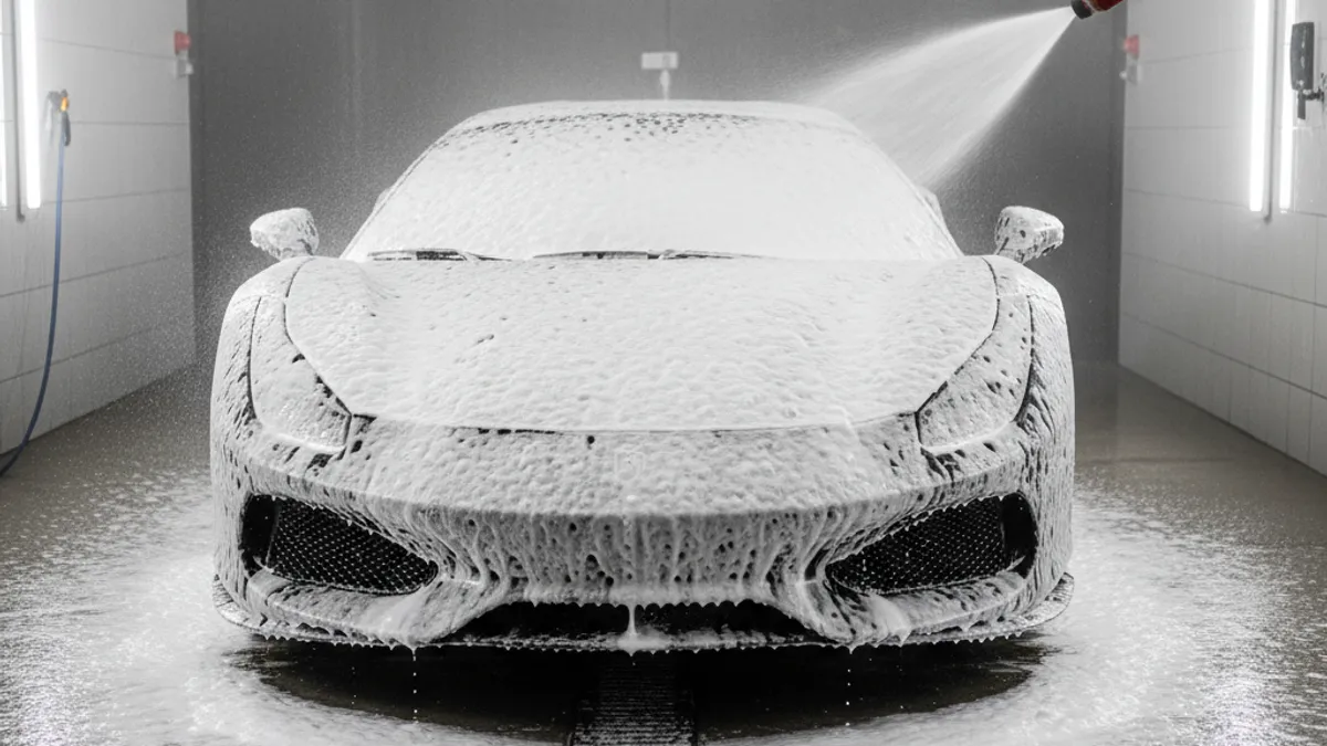 Mousse active snow foam sur voiture noire avec le meilleur shampoing voiture