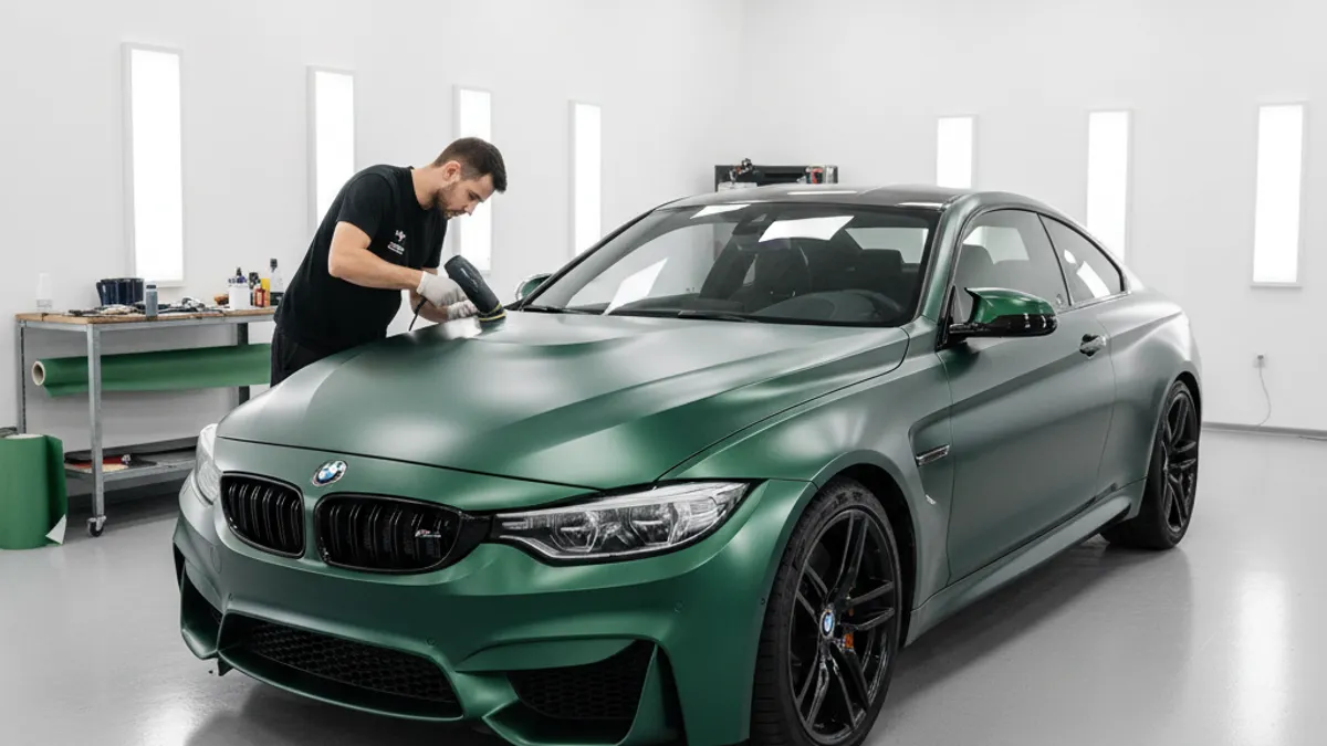 BMW Série 4 recouverte d'un wrap vinyle satin gris Nardo