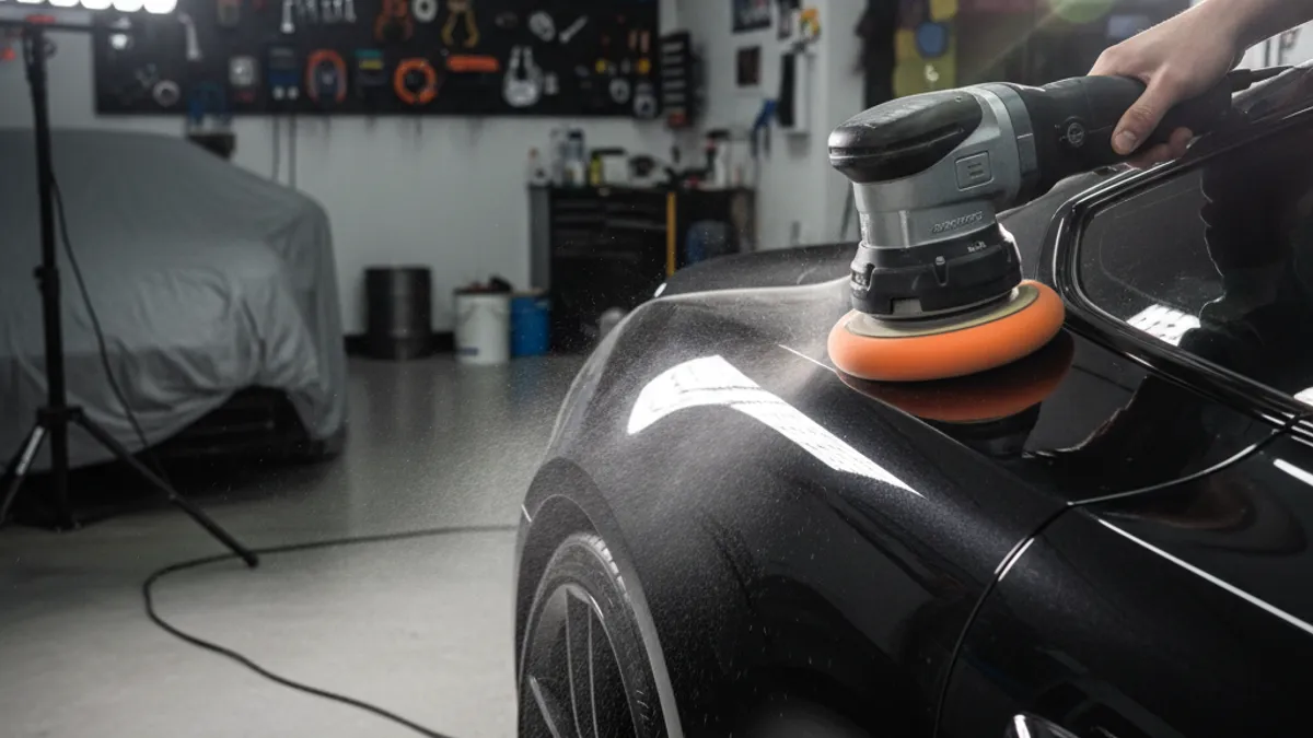 Meilleure polisseuse orbitale débutant posée sur un capot de voiture