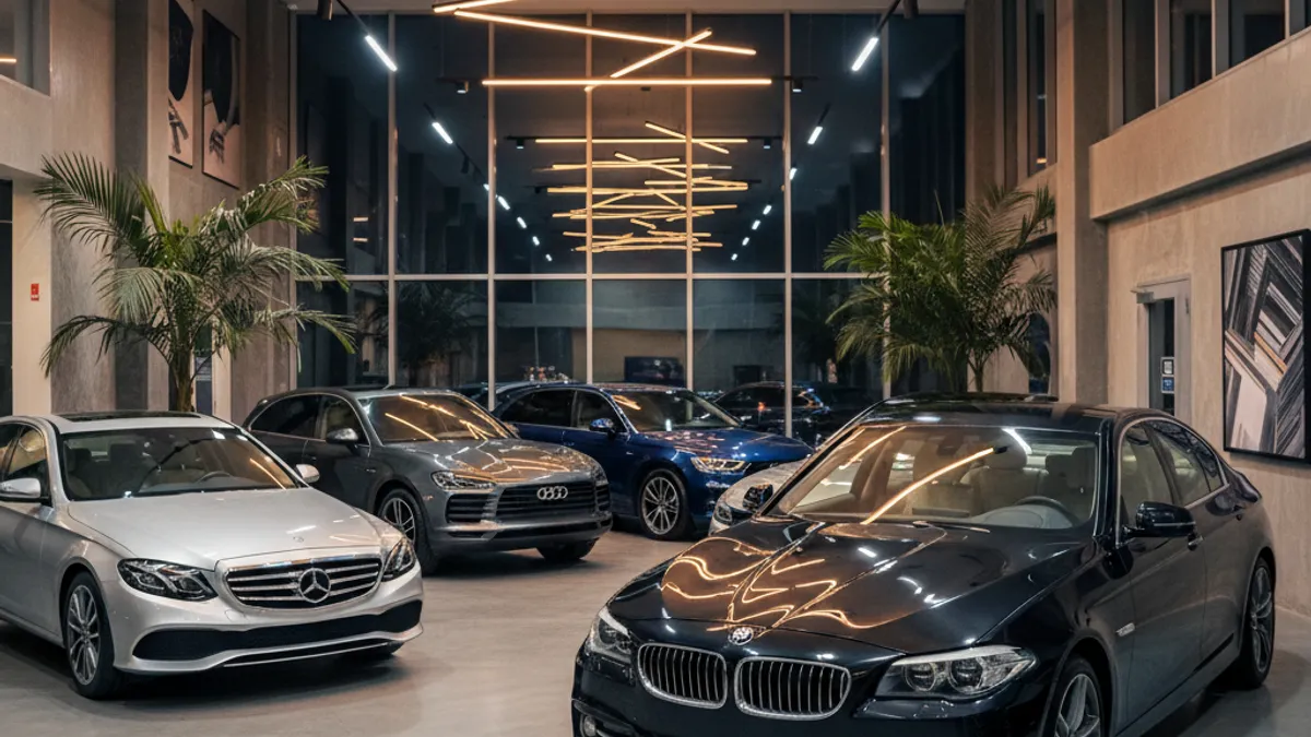 Sélection de voitures de luxe d'occasion alignées dans un showroom