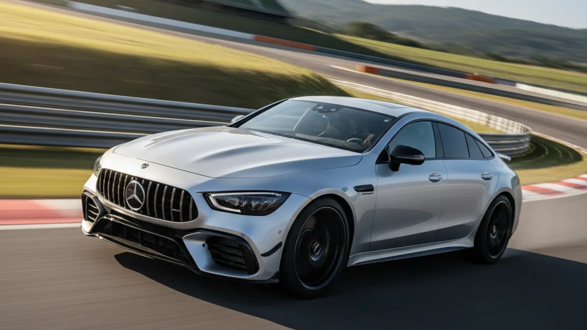 Mercedes AMG GT 63 S grise sur route de montagne