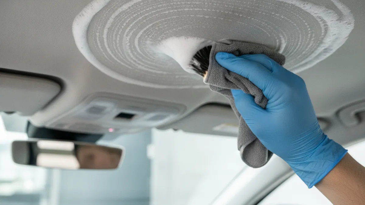 Nettoyage du ciel de toit d'une voiture avec brosse douce et microfibre