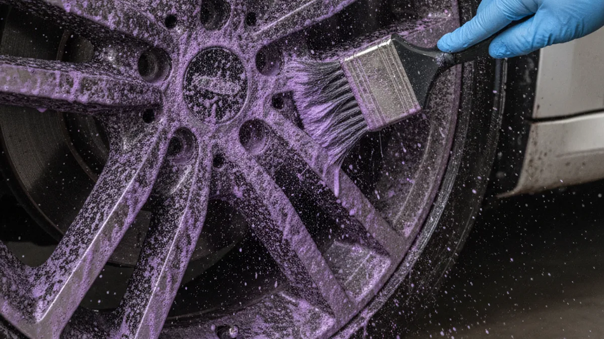 Nettoyage de jantes alu très sales avec brosse detailing et nettoyant pH neutre