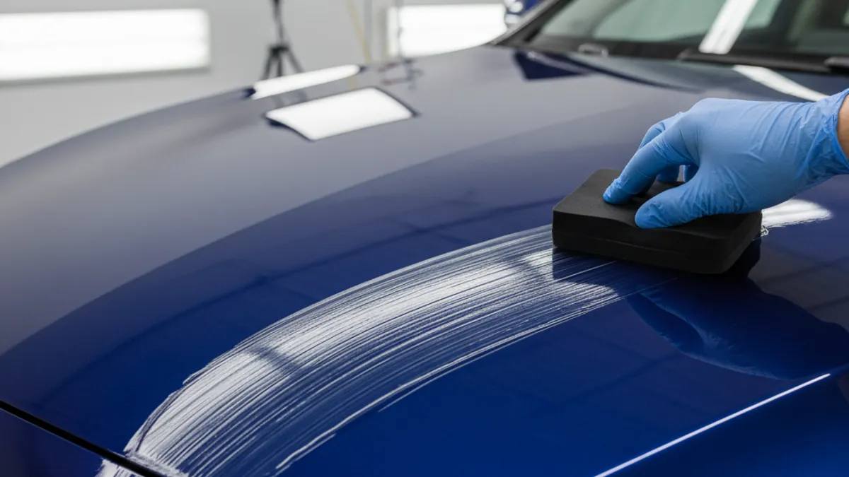 Application de protection céramique sur carrosserie noire avec effet hydrophobe