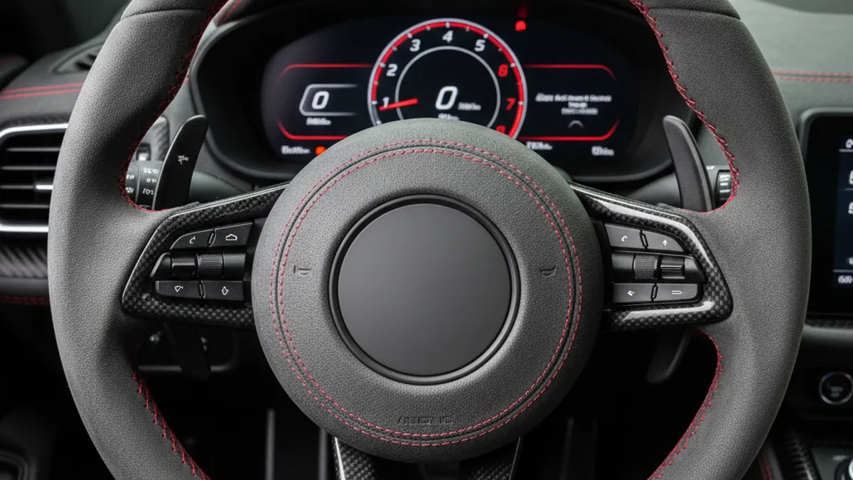 Retrim volant Alcantara avec surpiqûres contrastées intérieur cuir voiture sport