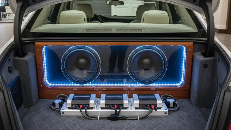 Installation sono voiture haut de gamme subwoofer coffre sur mesure