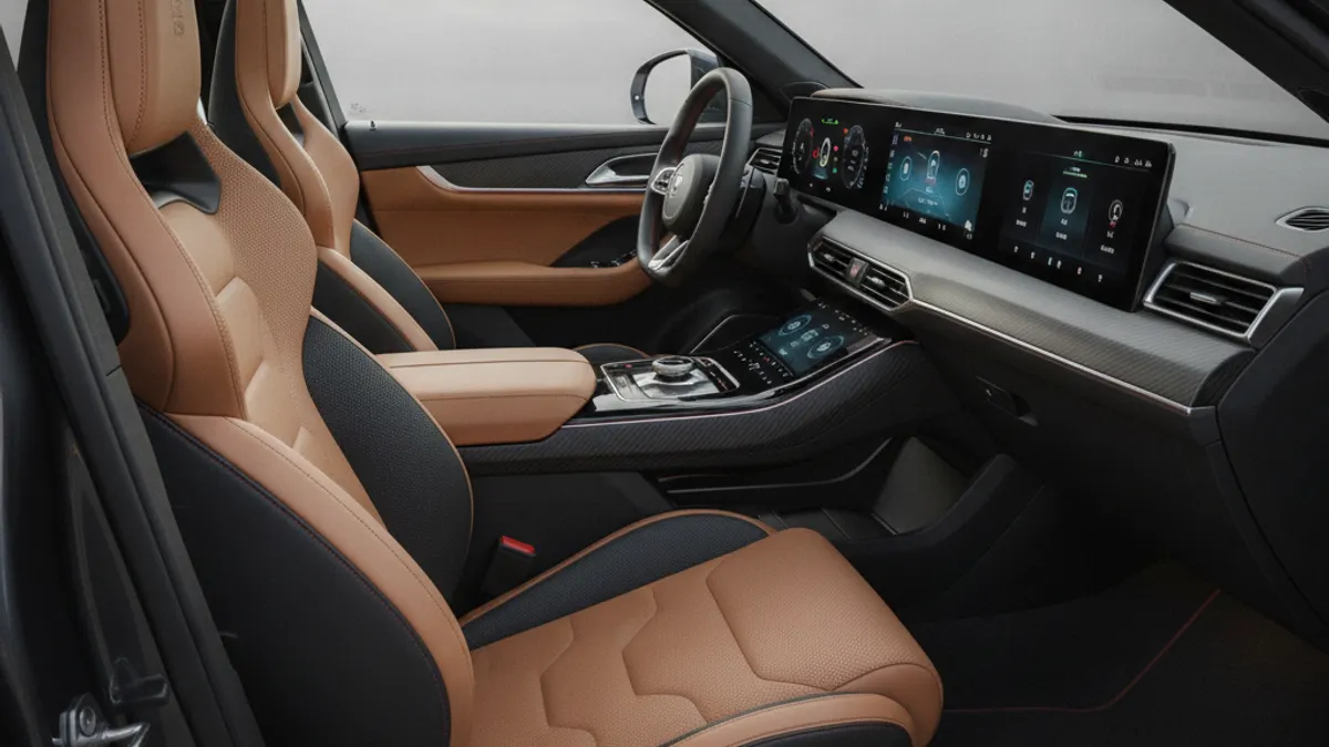 Intérieur cockpit d'un SUV sportif 2026 avec volant carbone et écrans numériques